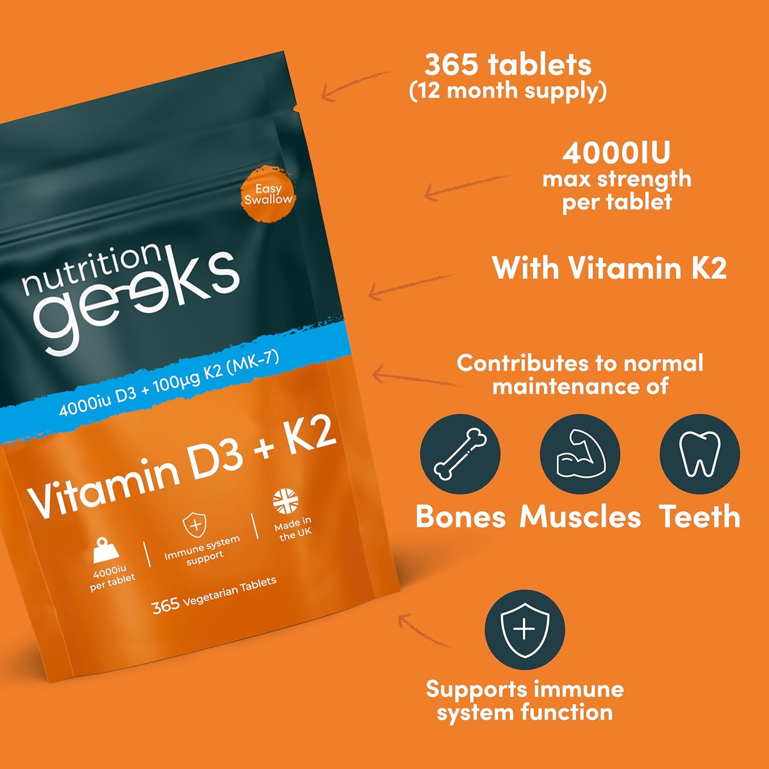 High Strength Vitamin D3 and K2 Supplement - 1 Year Supply, 365 Tablets