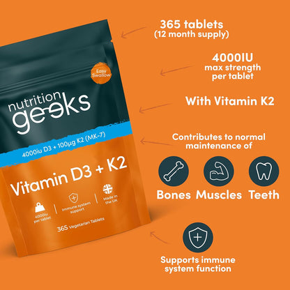 High Strength Vitamin D3 and K2 Supplement - 1 Year Supply, 365 Tablets